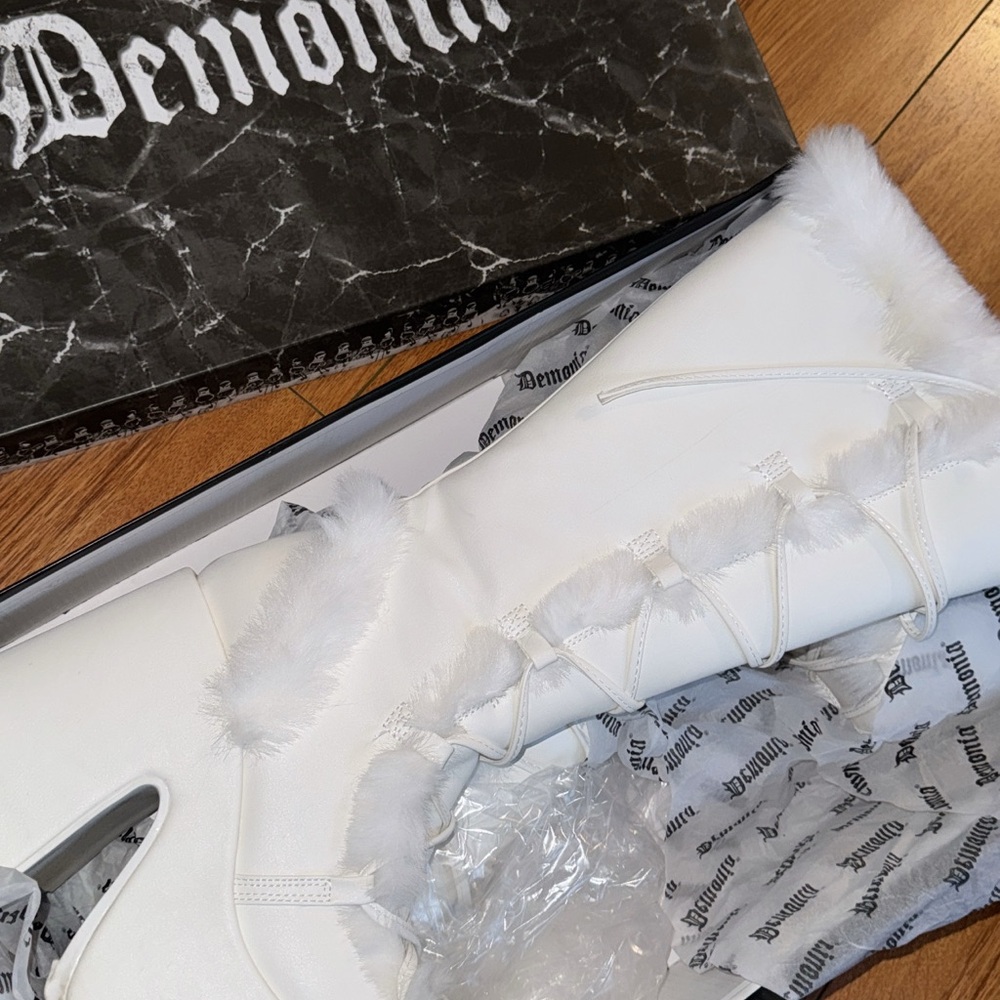 Demonia White Fur-Trimmed Boots